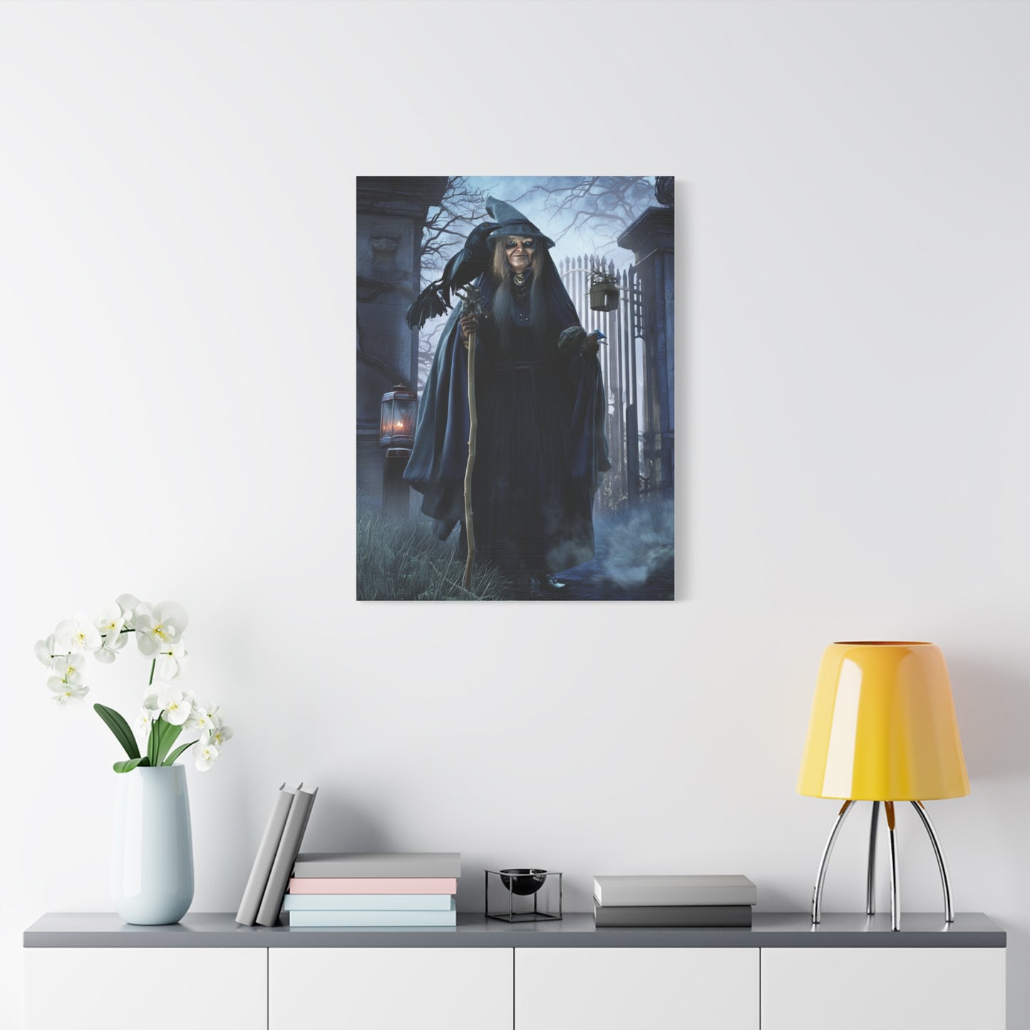 Witch with Raven at the Moonlit Cemetery Gate Wall Art & Canvas Print