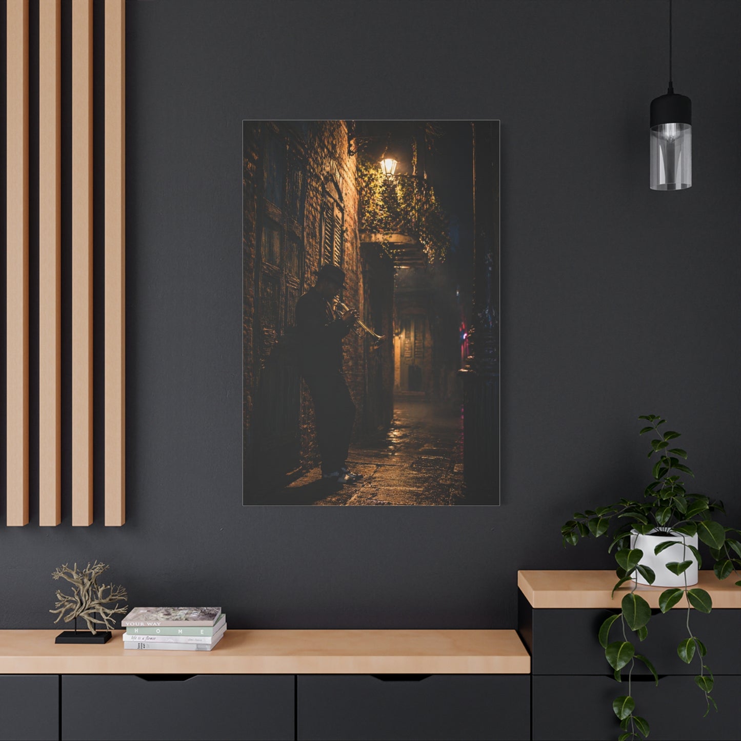 French Quarter Alley Trumpet Scene Wall Art & Canvas Print