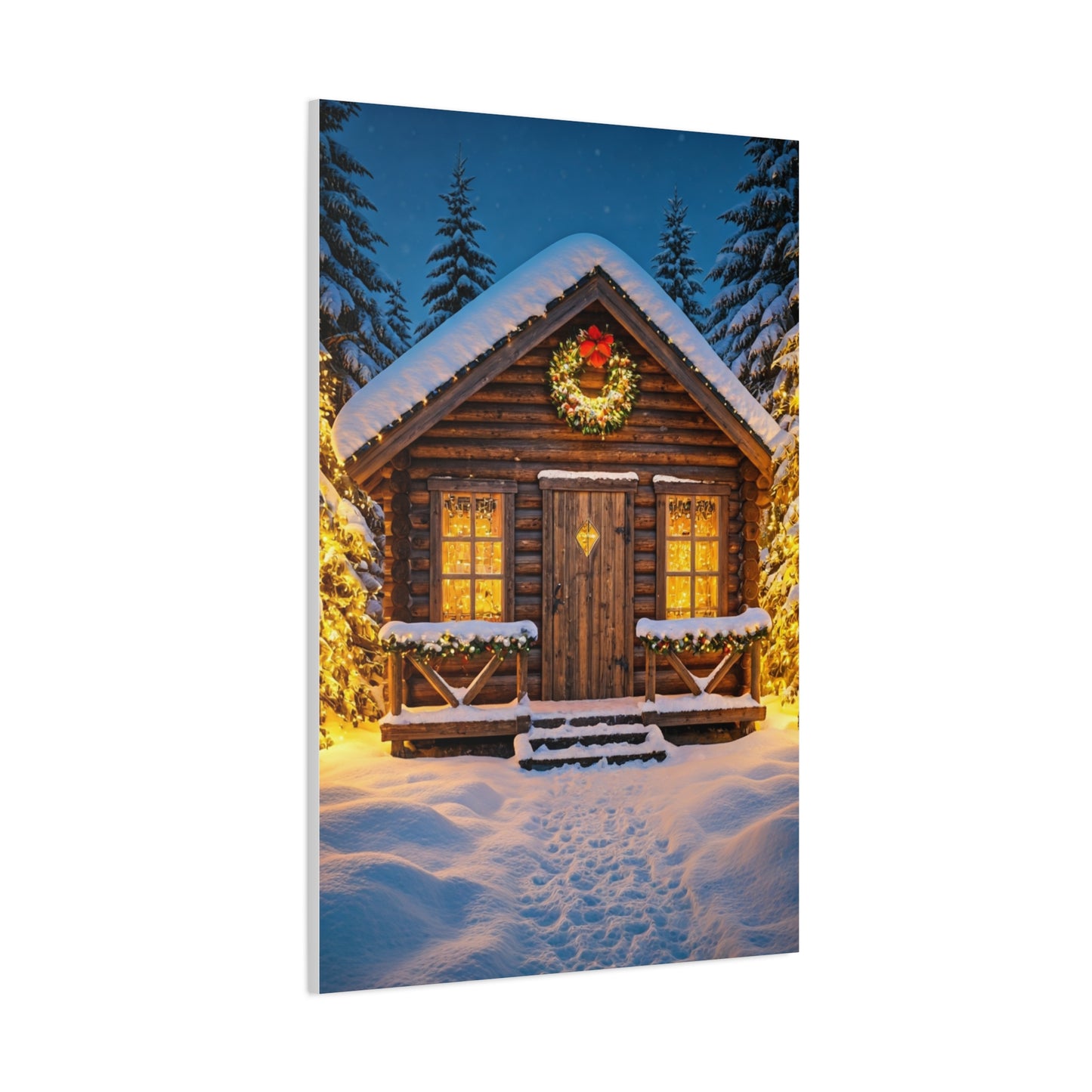 Cozy Snowy Christmas Cabin Among Pine Trees Wall Art & Canvas Print