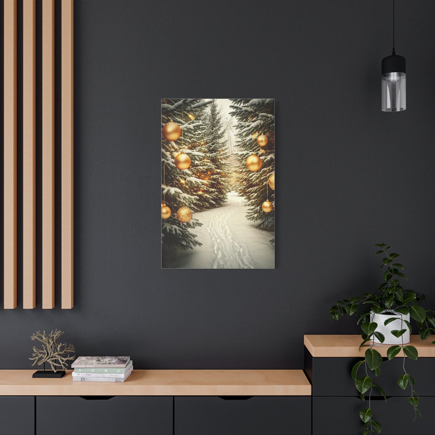 Snowy Pine Path With Golden Christmas Ornaments Wall Art & Canvas Print