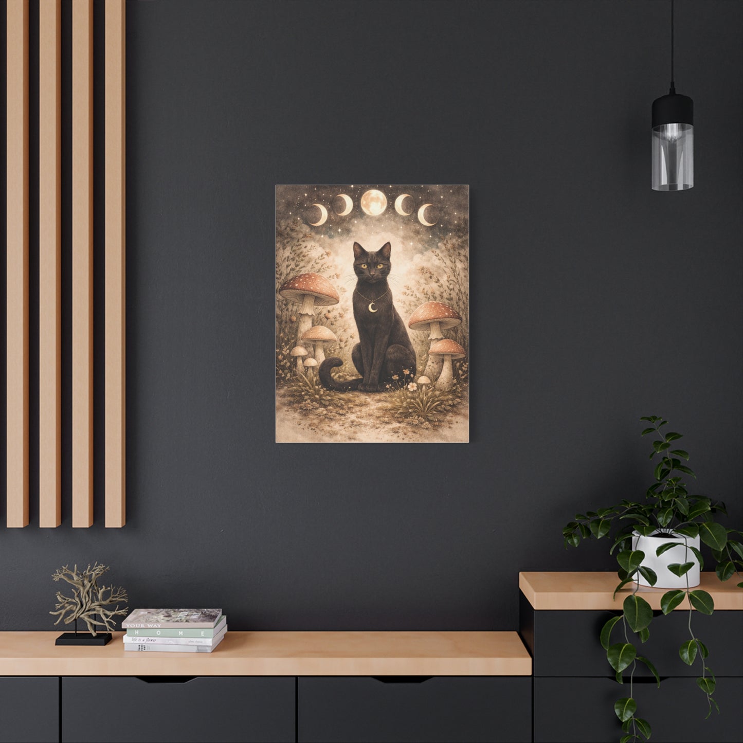 Mystical Boho Black Cat and Mushroom Night Scene Wall Art & Canvas Print