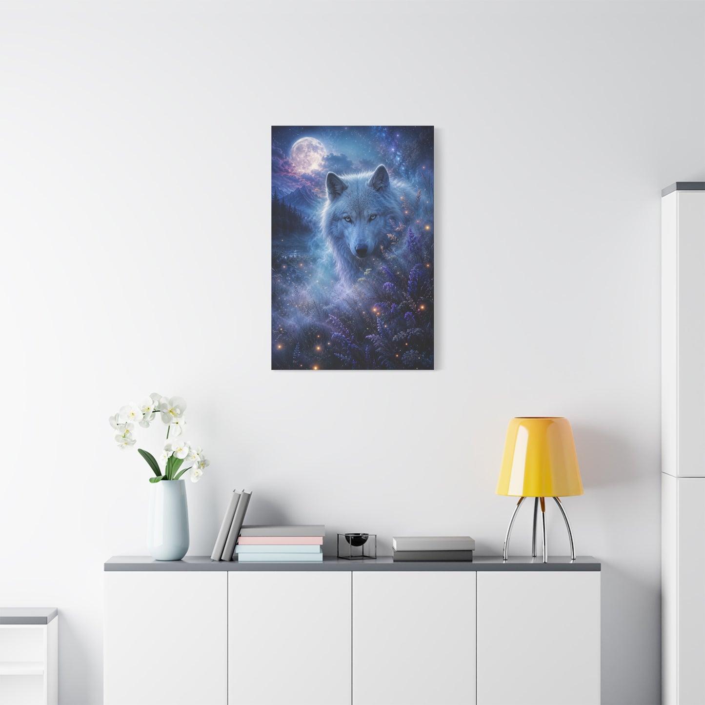 Moonlit White Wolf Portrait Wilderness Scene Wall Art & Canvas Print