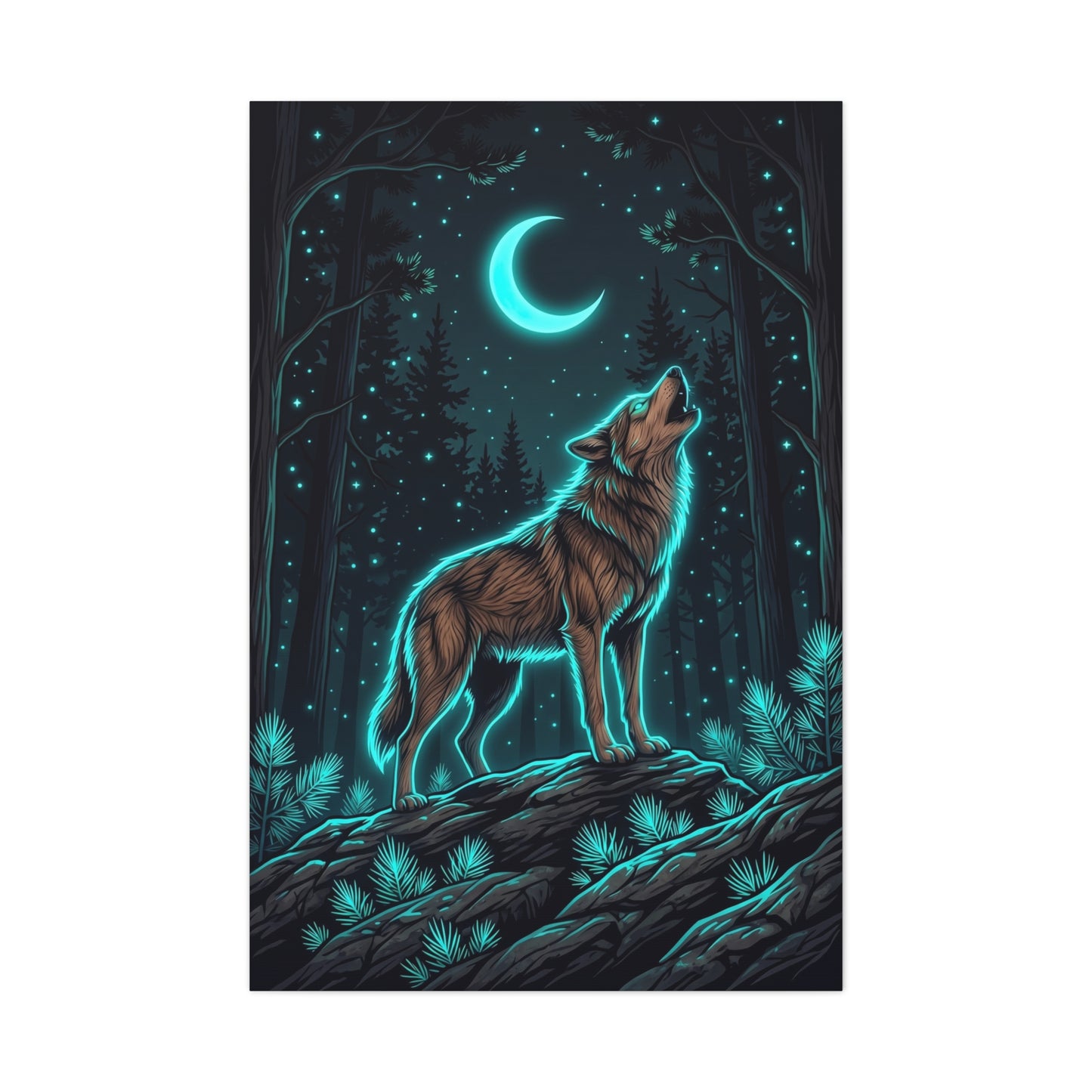 Moonlit Forest Wolf Neon Outline Scene Wall Art & Canvas Print