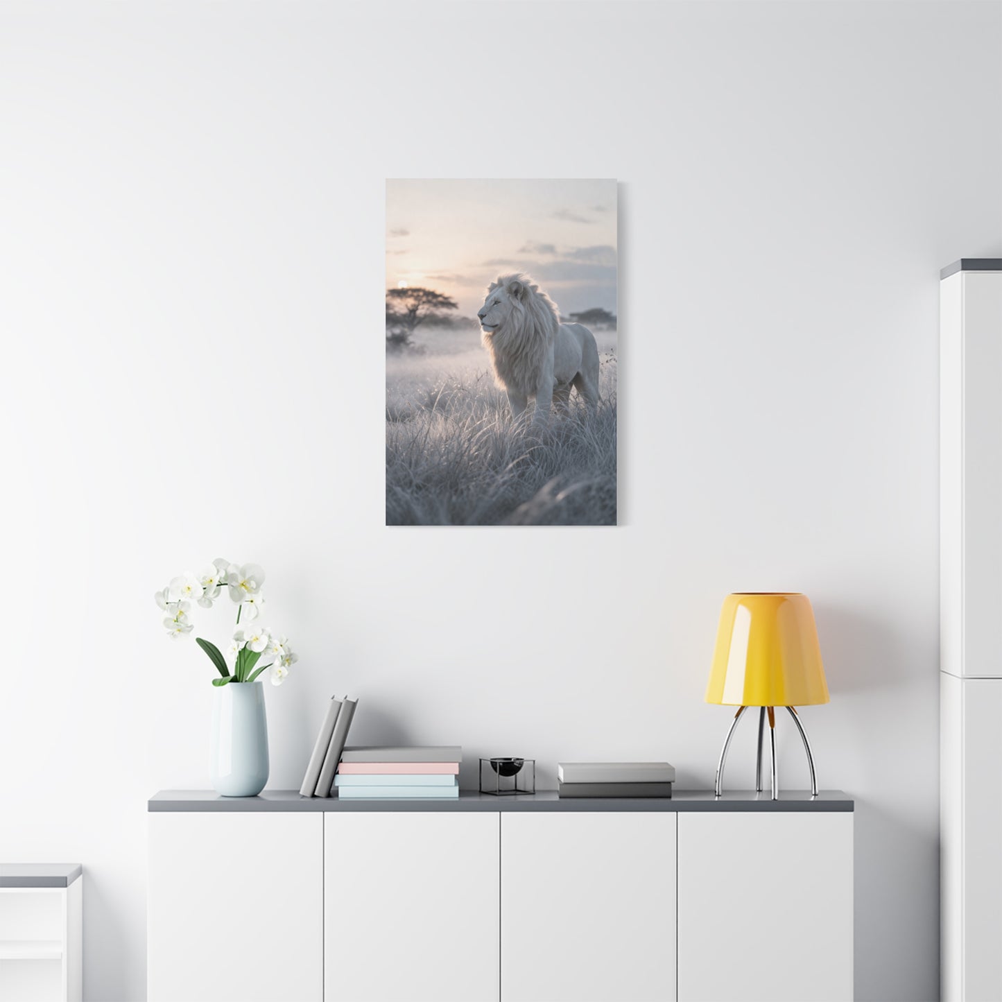 White Lion in Misty Savanna Dawn Wall Art & Canvas Print