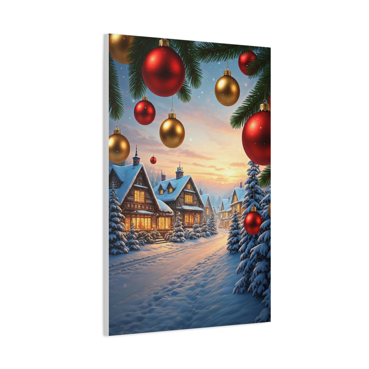 Snowy Christmas Village With Festive Ornaments Wall Art & Canvas Print