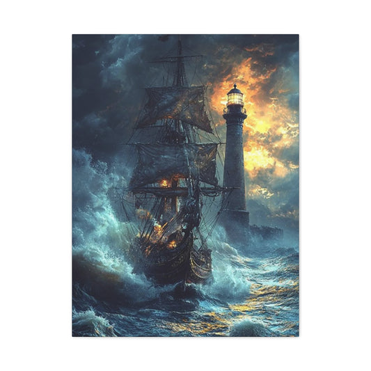 Lighthouse & Ship Sailing In Sea At Night Wall Art & Canvas Prints