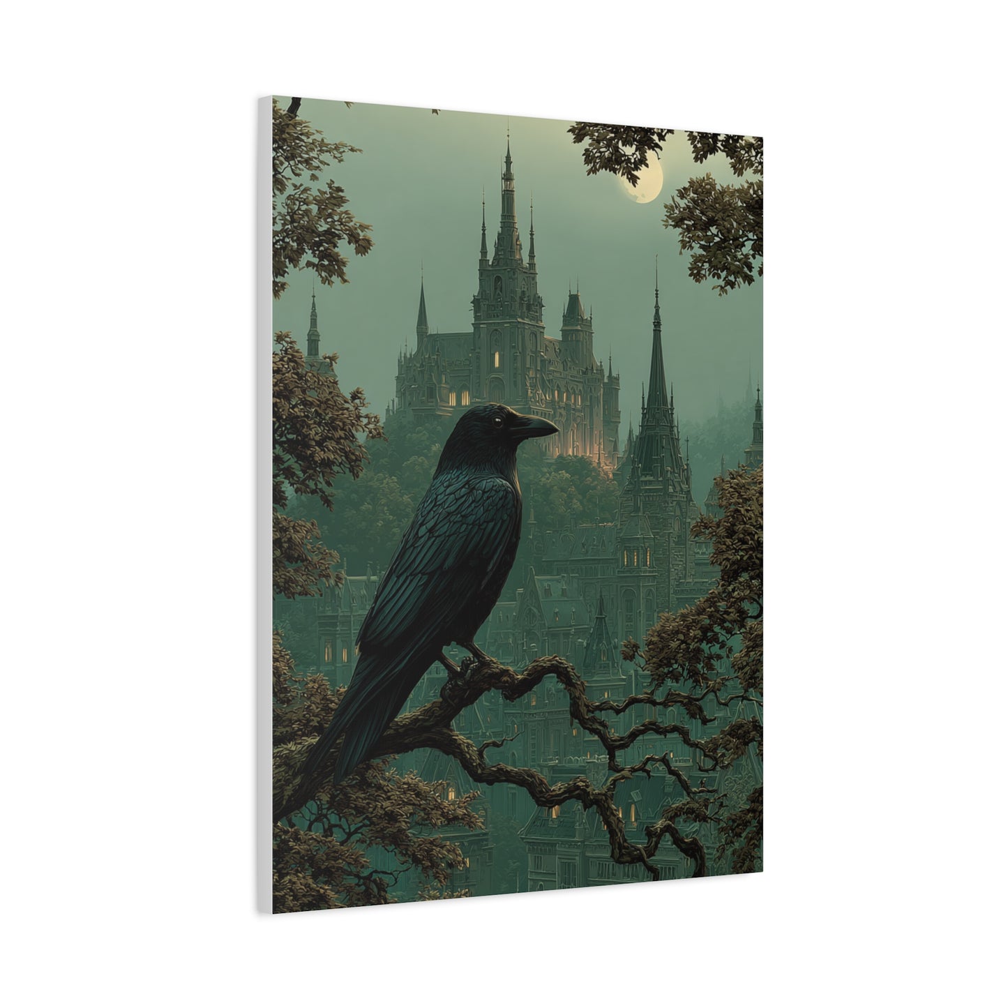 Raven Before Gothic Castle Wall Art & Canvas Print