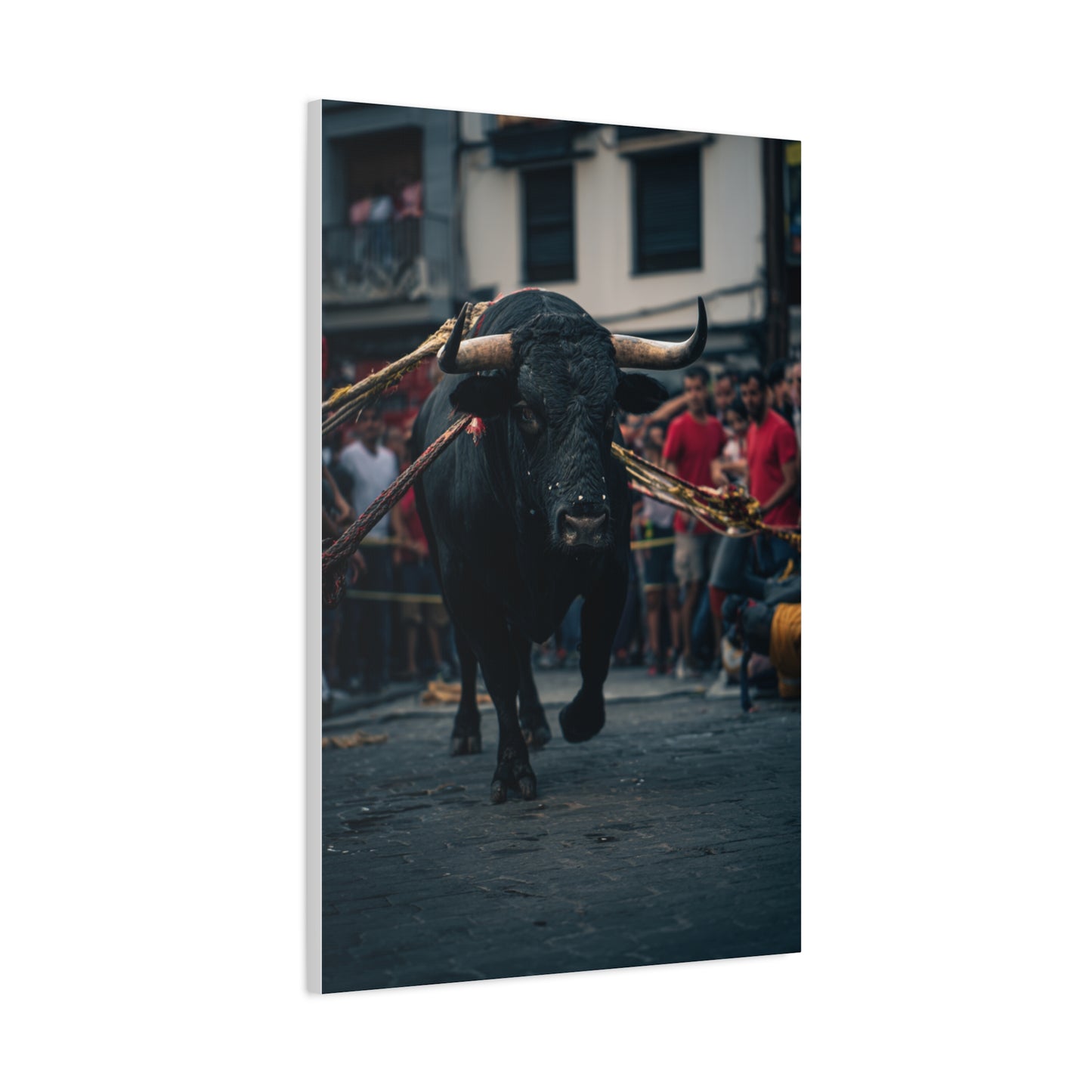 Bull Guided Through Festival Streets Wall Art & Canvas Print