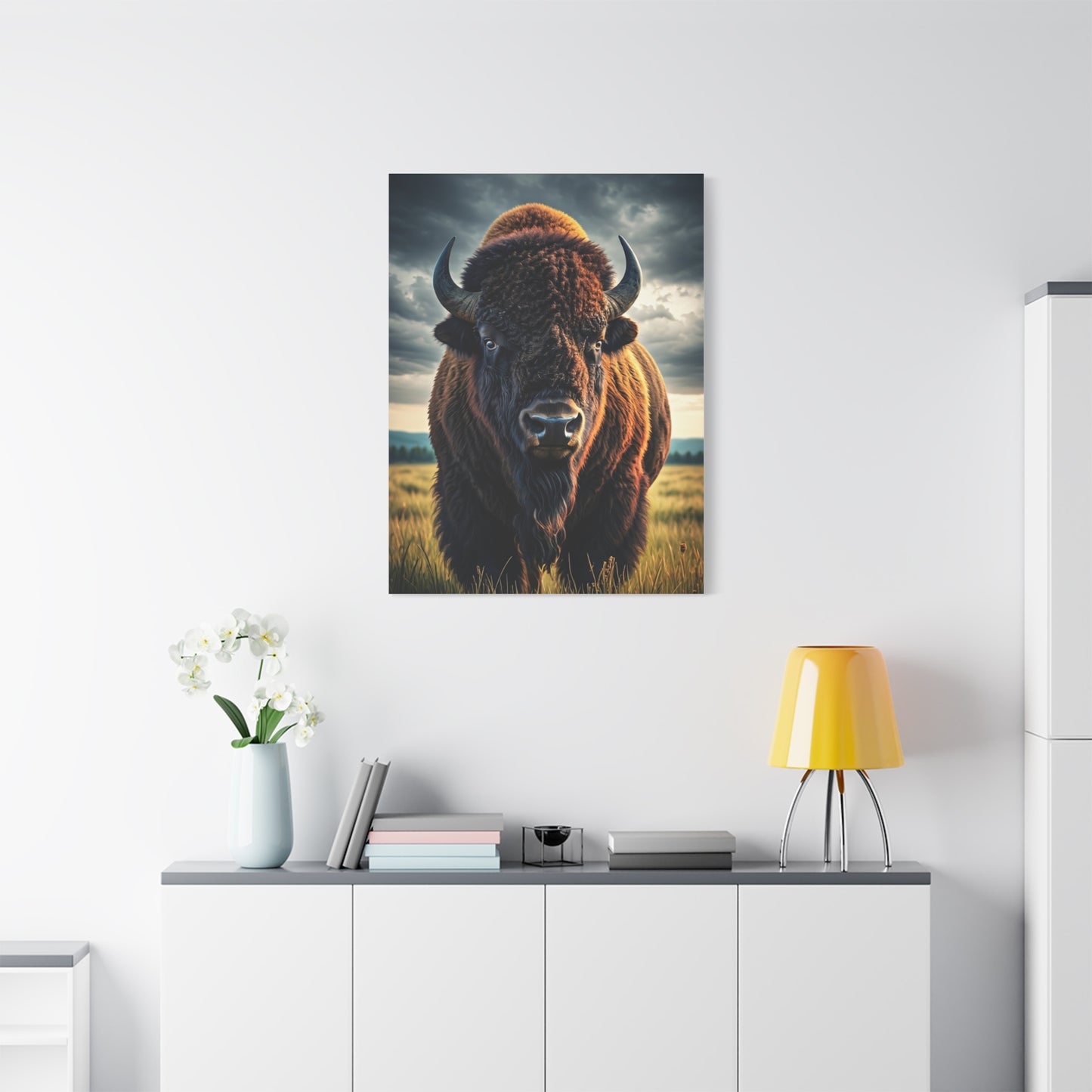 Bison Under Storm Clouds Prairie Portrait Wall Art & Canvas Print