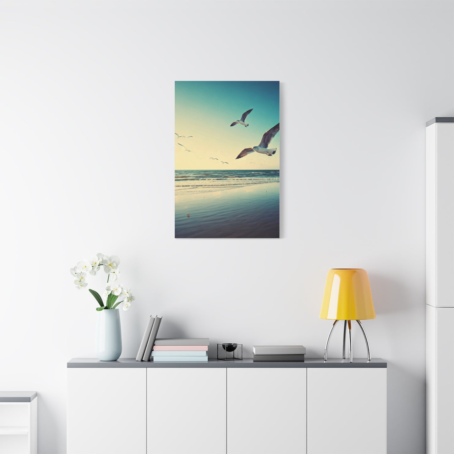 Seagulls in Flight Over Gentle Waves Wall Art & Canvas Prints