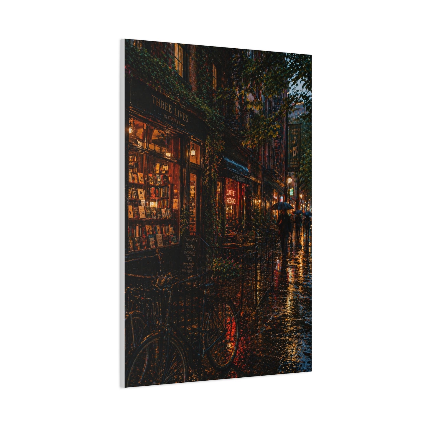 Greenwich Village Rainy Bookstore Scene Wall Art & Canvas Print