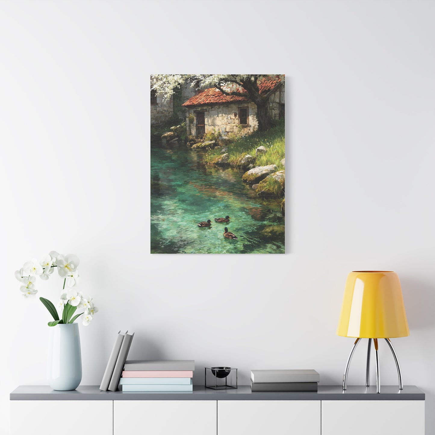 Spring Farmhouse Stream Scene Wall Art & Canvas Print