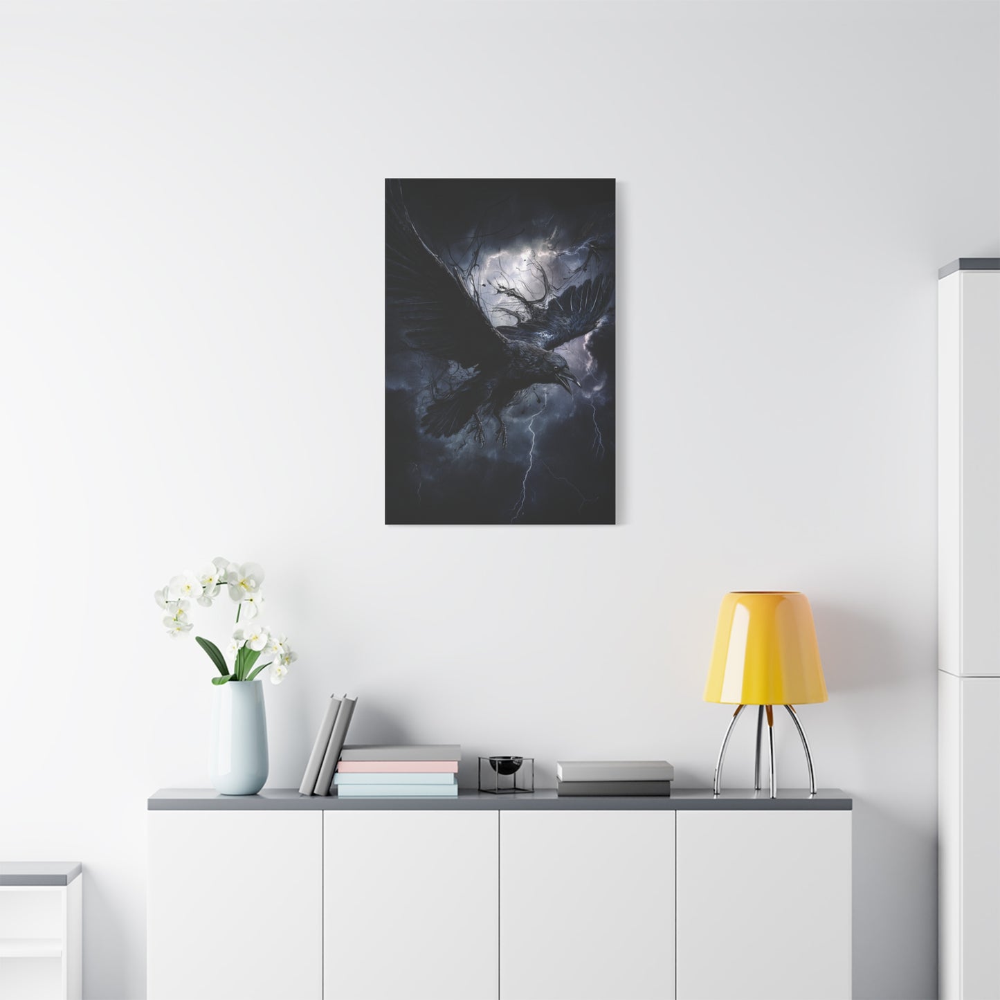 Raven Flying Through Storm Lightning Wall Art & Canvas Print
