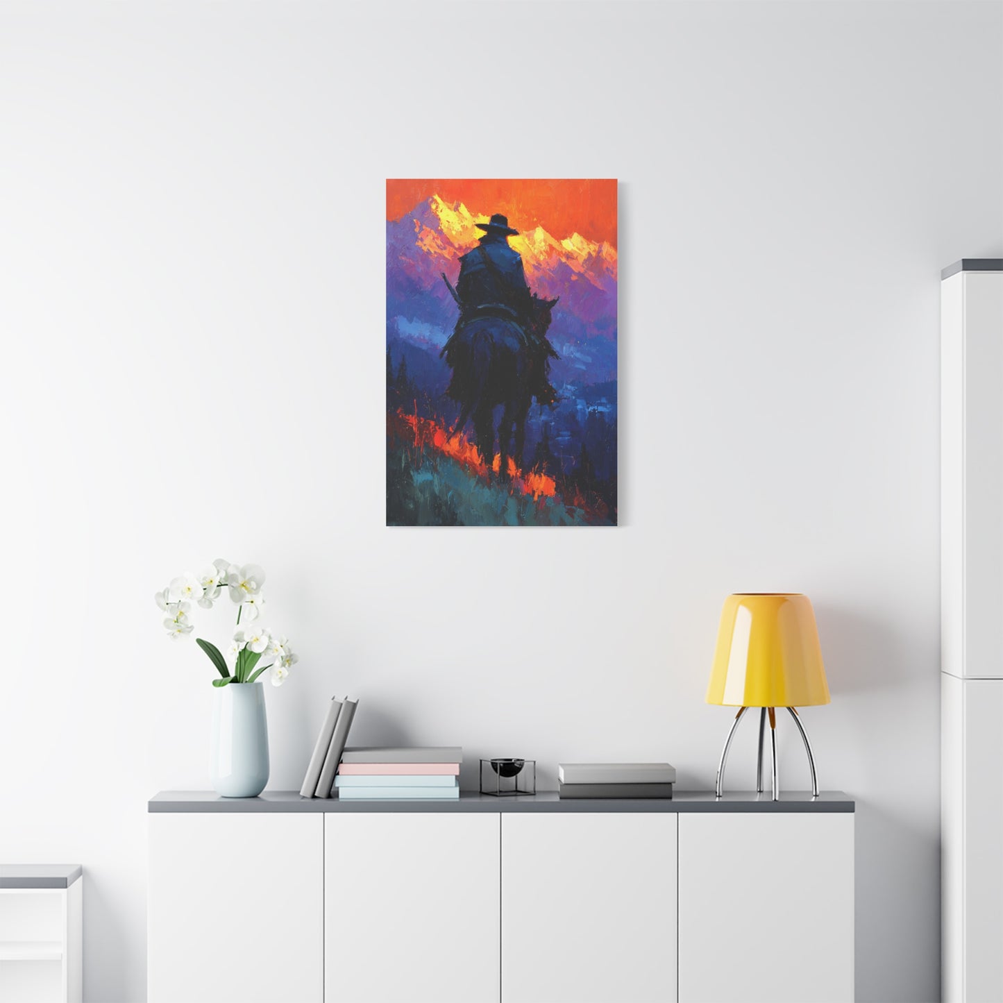 Sunset Ridge Cowboy Painting Wall Art & Canvas Print