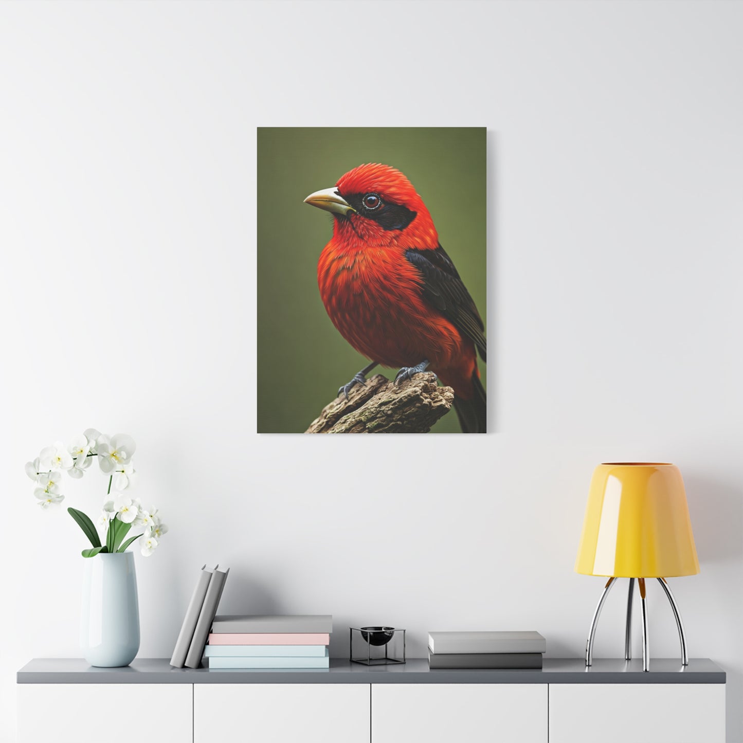 Scarlet Tanager Perched on Forest Branch Wall Art & Canvas Print