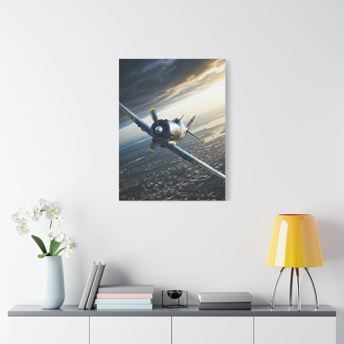 Vintage Fighter Dive Over the City Wall Art & Canvas Prints