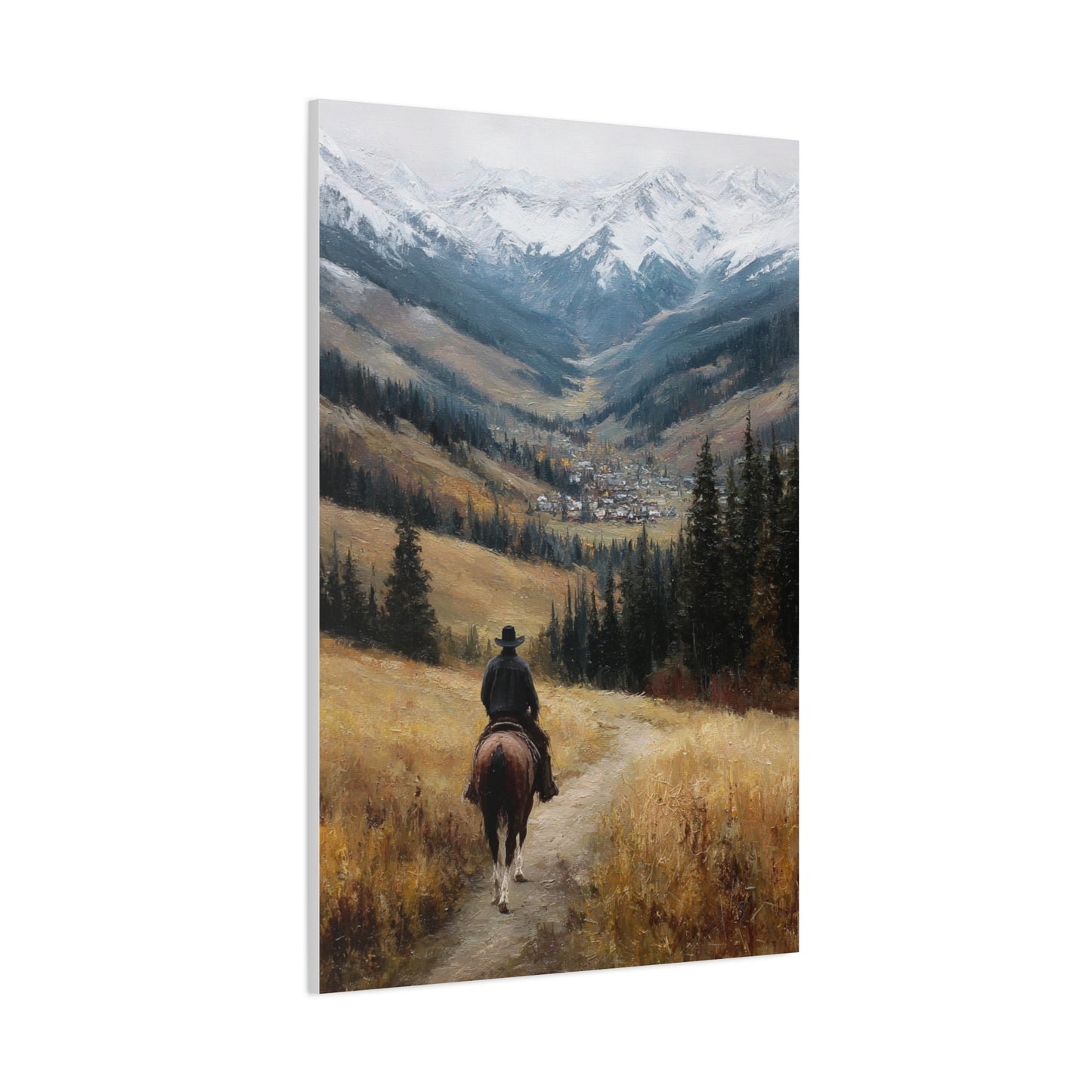 Cowboy Riding Toward a Hidden Mountain Valley Wall Art & Canvas Print