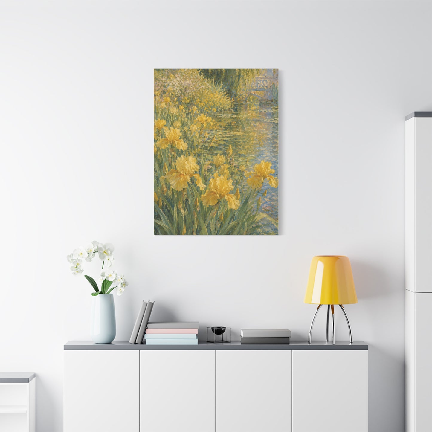 Impressionist Yellow Iris Garden Waterside Scene Wall Art & Canvas Print