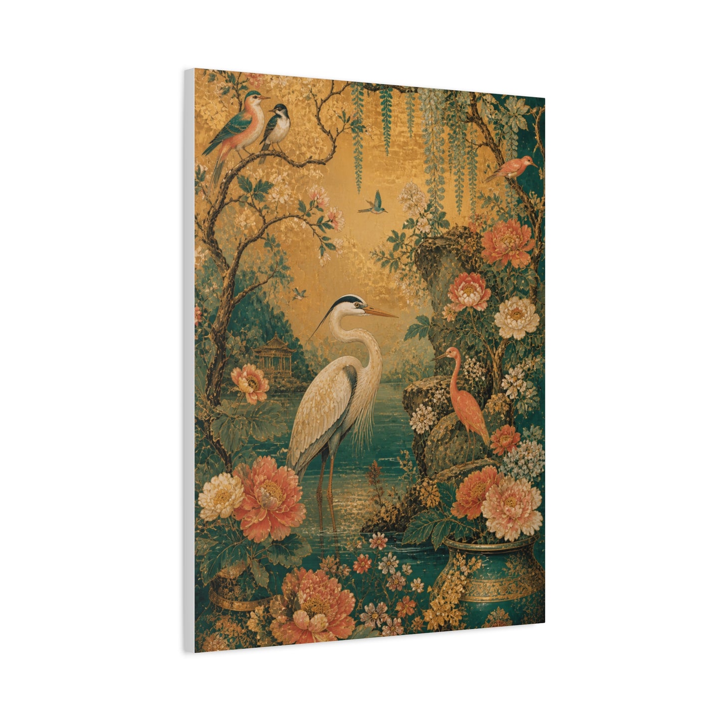 Golden Chinoiserie Garden Scene Wall Art & Canvas Print