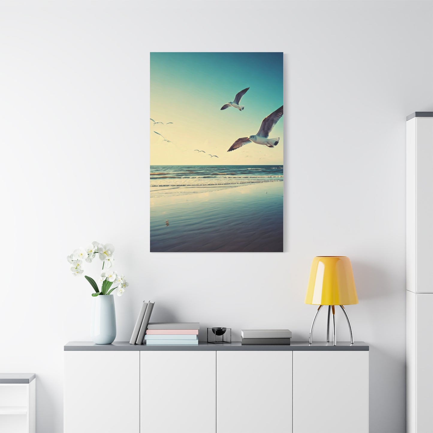 Seagulls in Flight Over Gentle Waves Wall Art & Canvas Prints