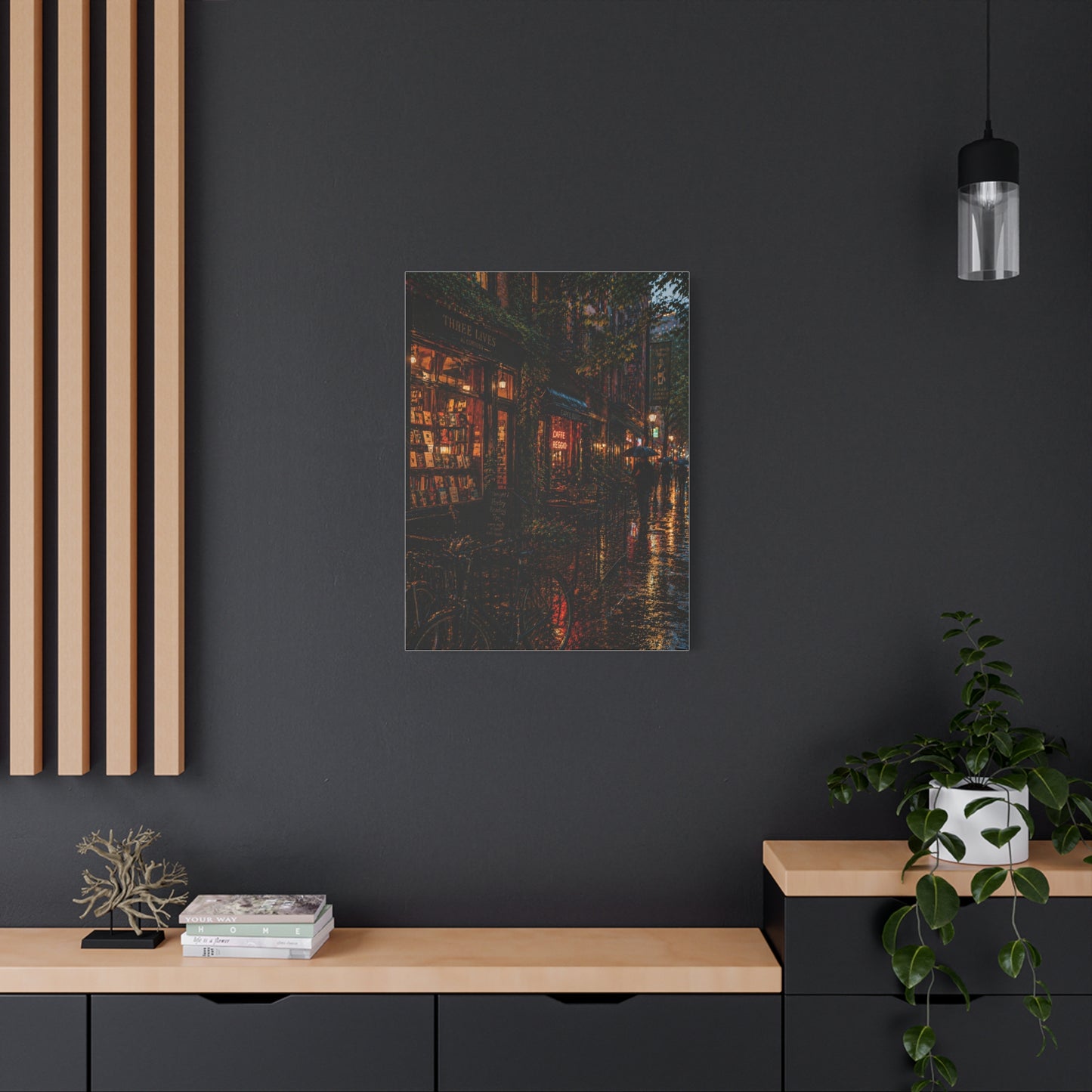 Greenwich Village Rainy Bookstore Scene Wall Art & Canvas Print