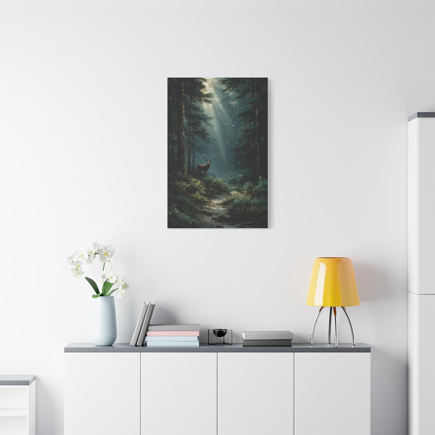 Sunlit Evergreen Forest Stag Wall Art & Canvas Print