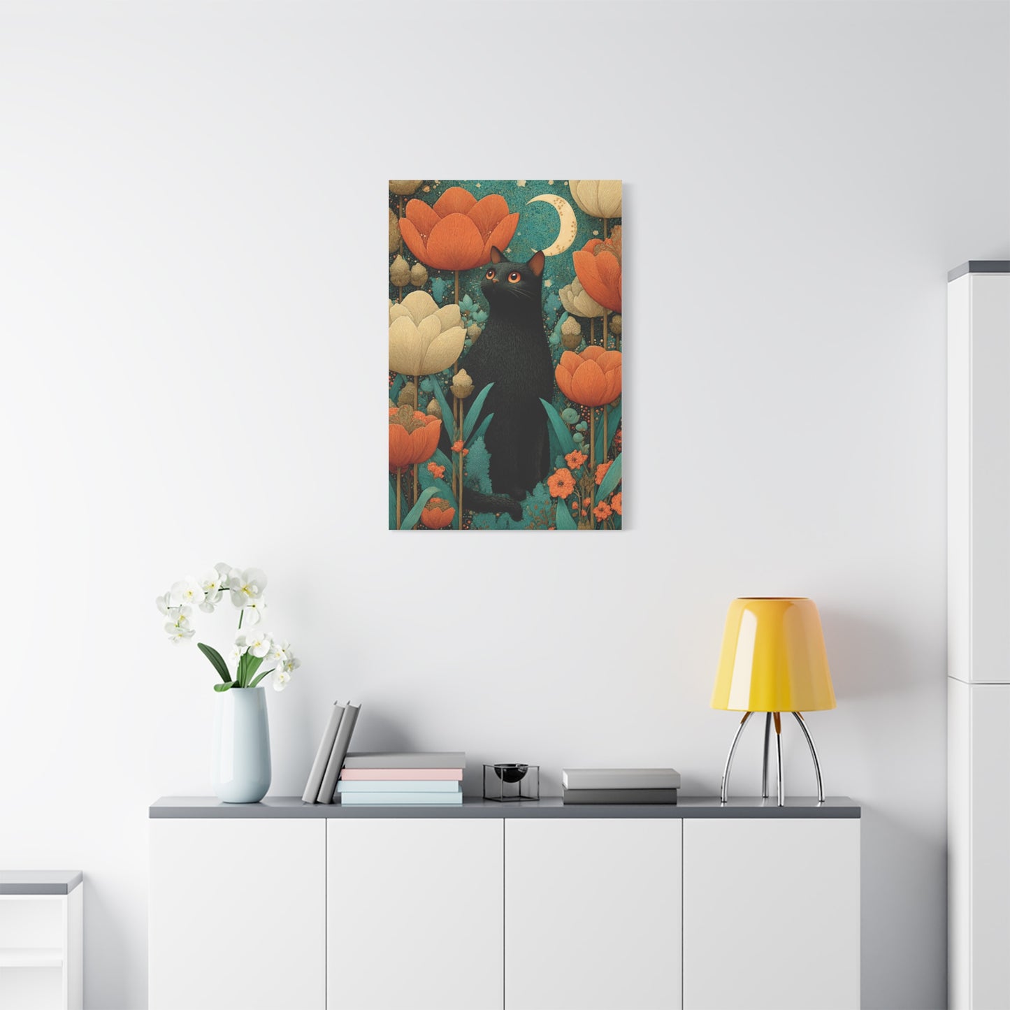Folk Black Cat Garden Wall Art & Canvas Print