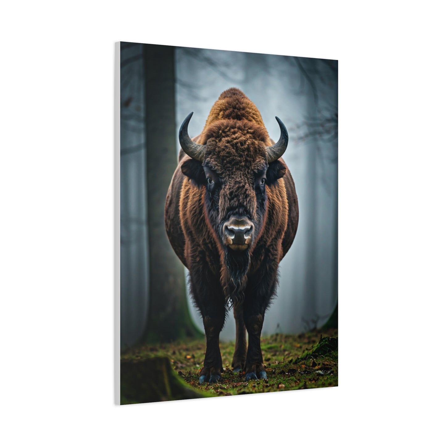 Bison Emerging from Forest Mist Wall Art & Canvas Print