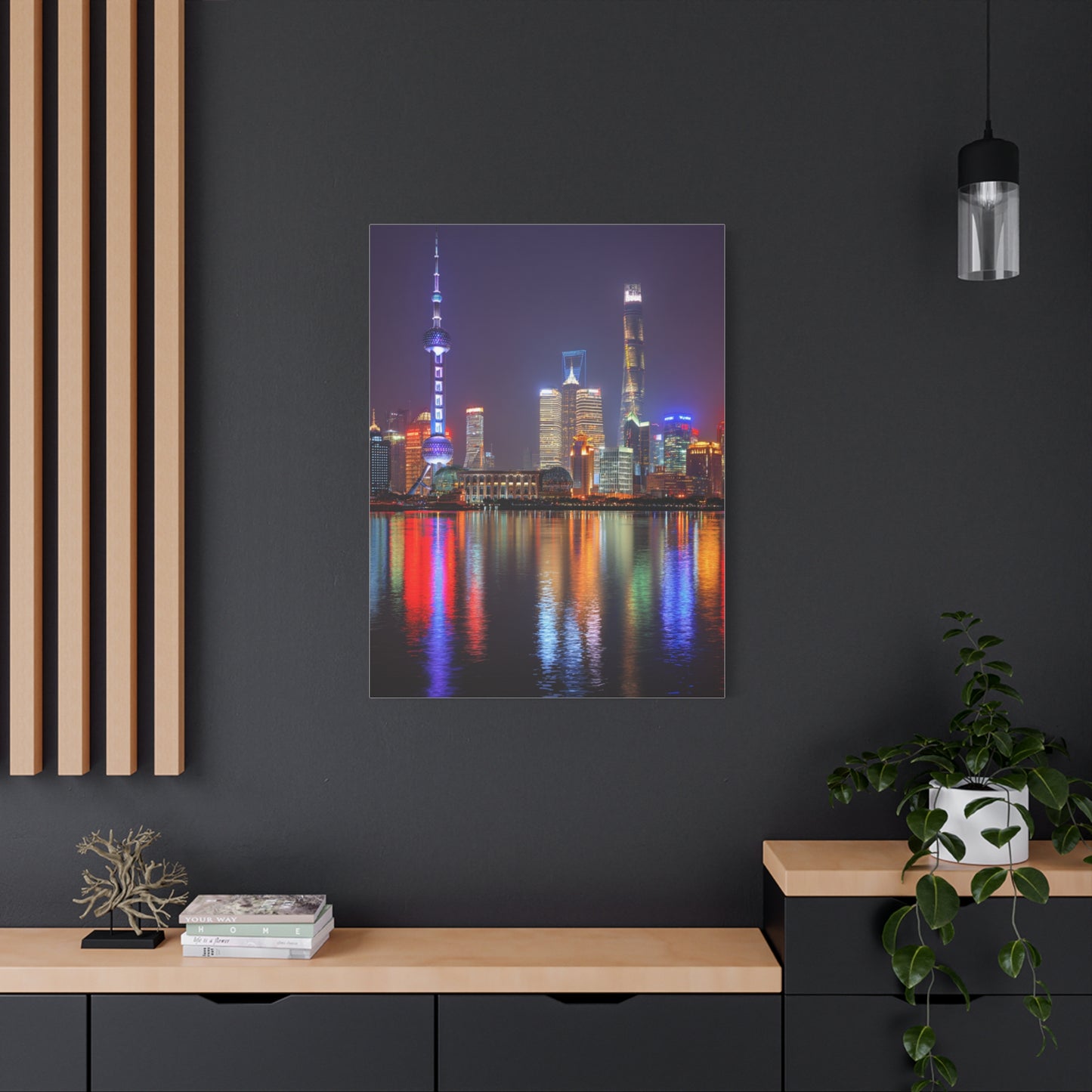 Shanghai Skyline Night Reflections Wall Art & Canvas Print
