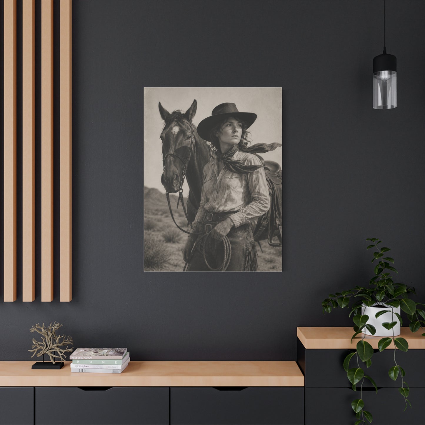 Black & White Cowgirl Portrait with Horse Wall Art & Canvas Print