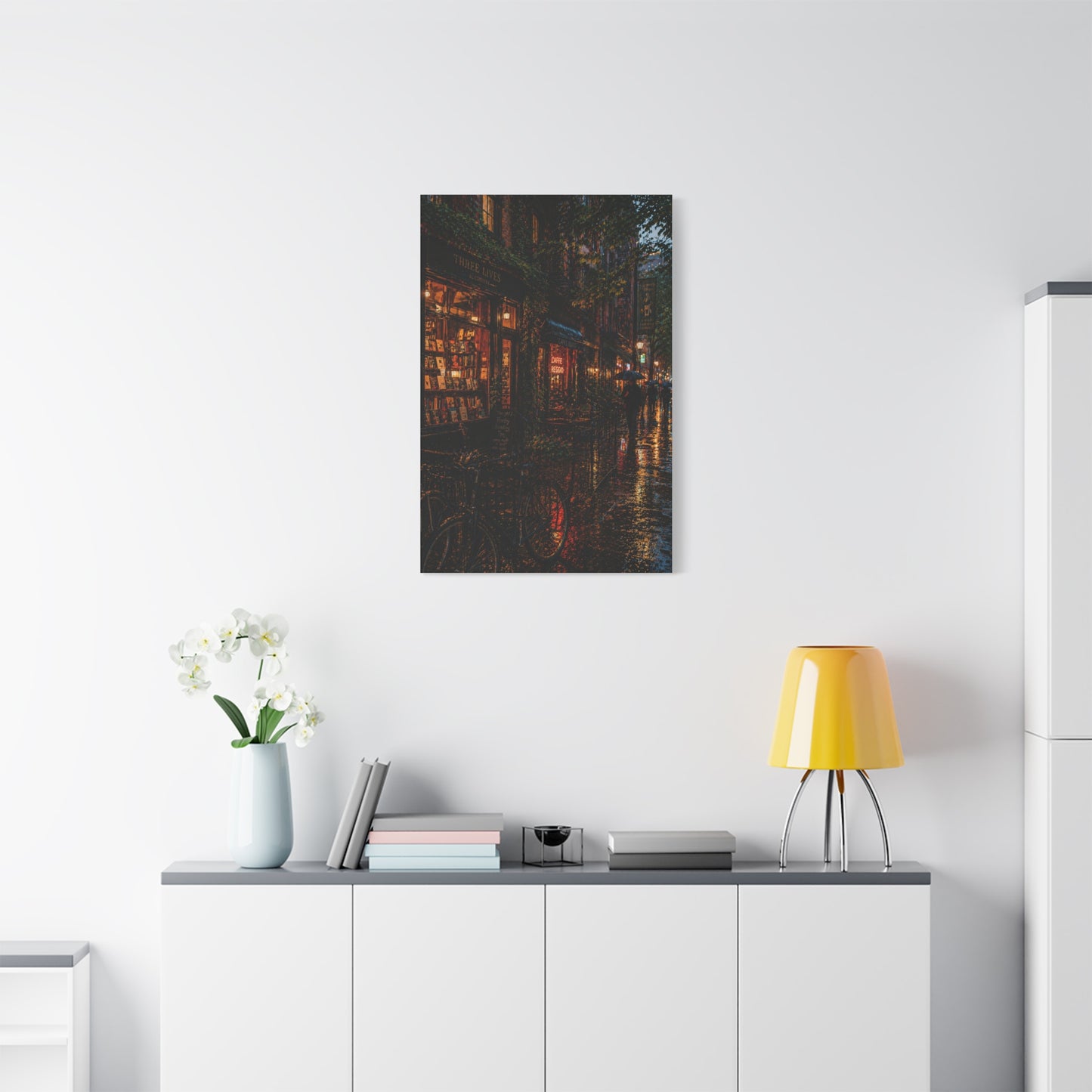 Greenwich Village Rainy Bookstore Scene Wall Art & Canvas Print