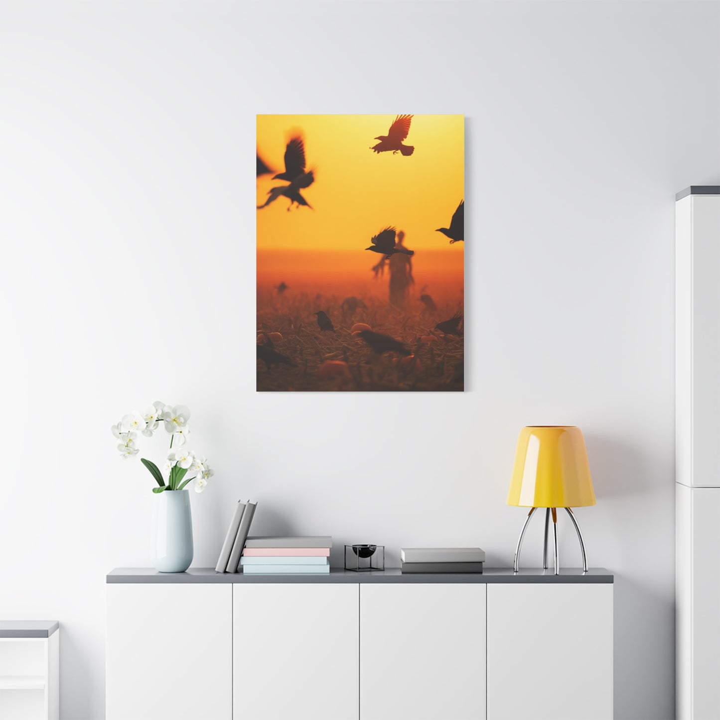 Crows Rising Over Pumpkin Field at Sunset Wall Art & Canvas Print