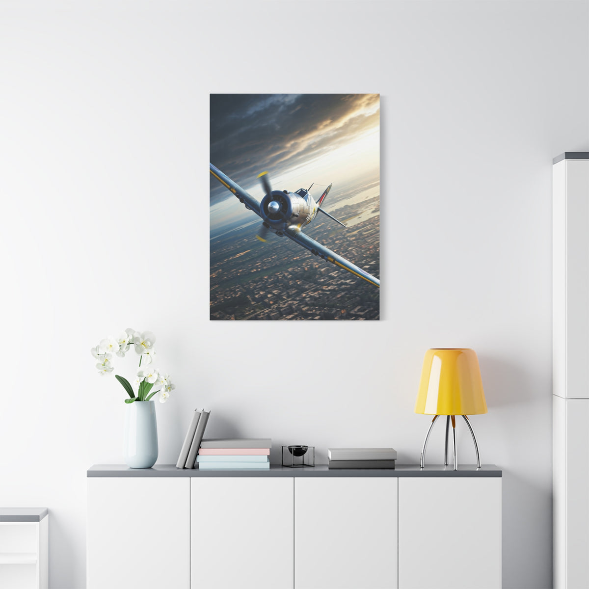 Vintage Fighter Dive Over the City Wall Art & Canvas Prints