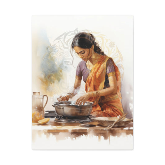 Indian Women In Saree Cooking Wall Art & Canvas Prints