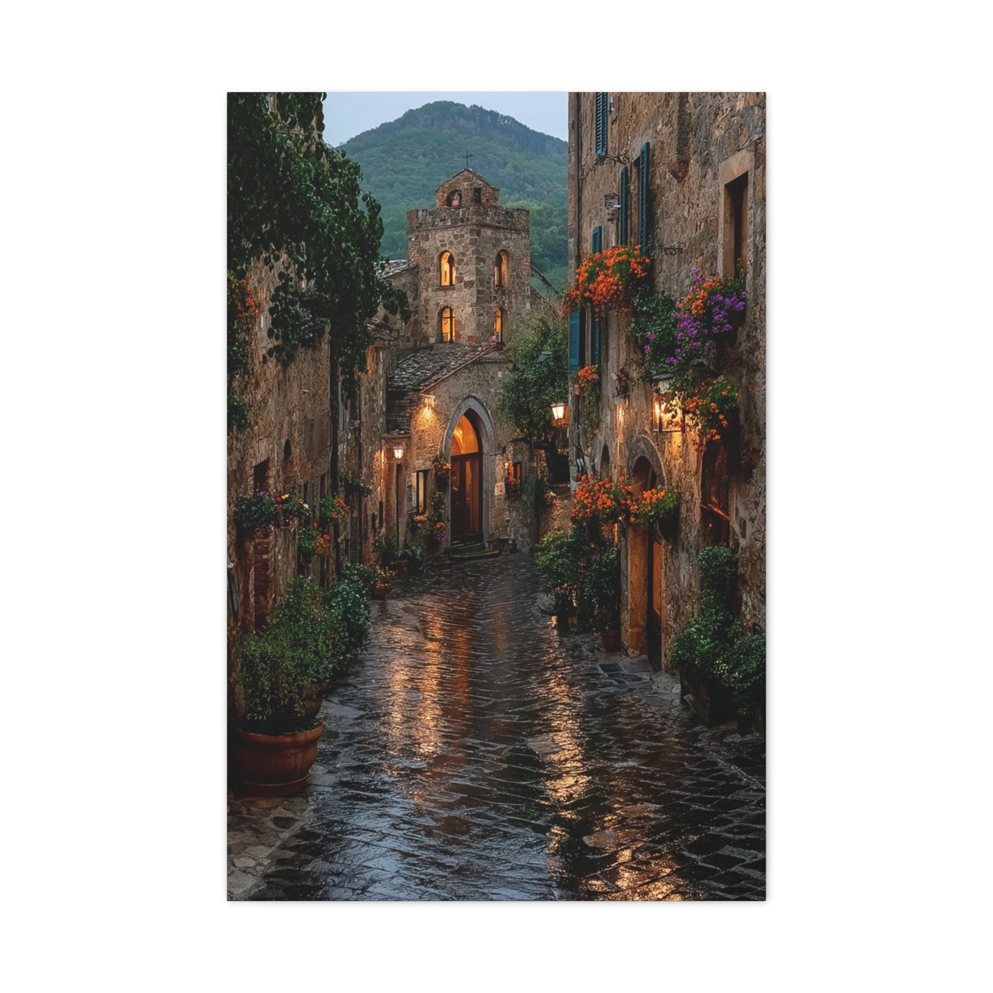 Tuscan Village Rain Street Wall Art & Canvas Print
