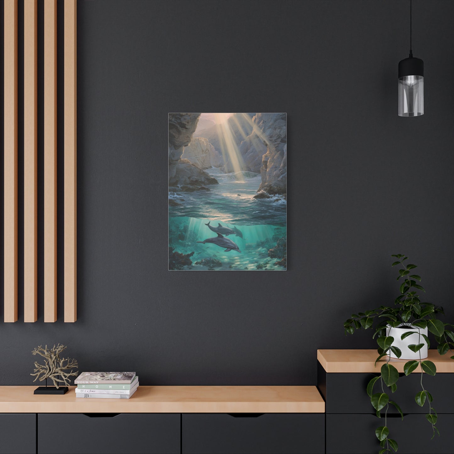 Dolphins Swimming Beneath Sunlit Coastal Waters Wall Art & Canvas Print