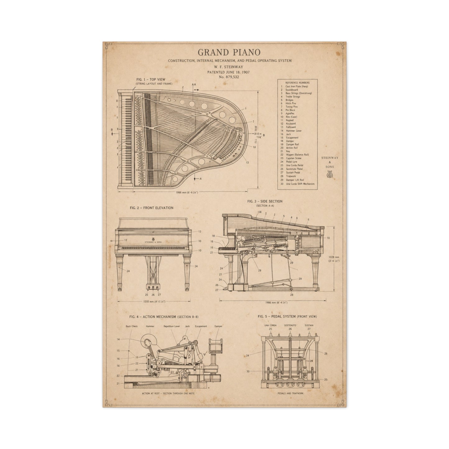 Steinway Grand Piano Technical Diagram Wall Art & Canvas Print