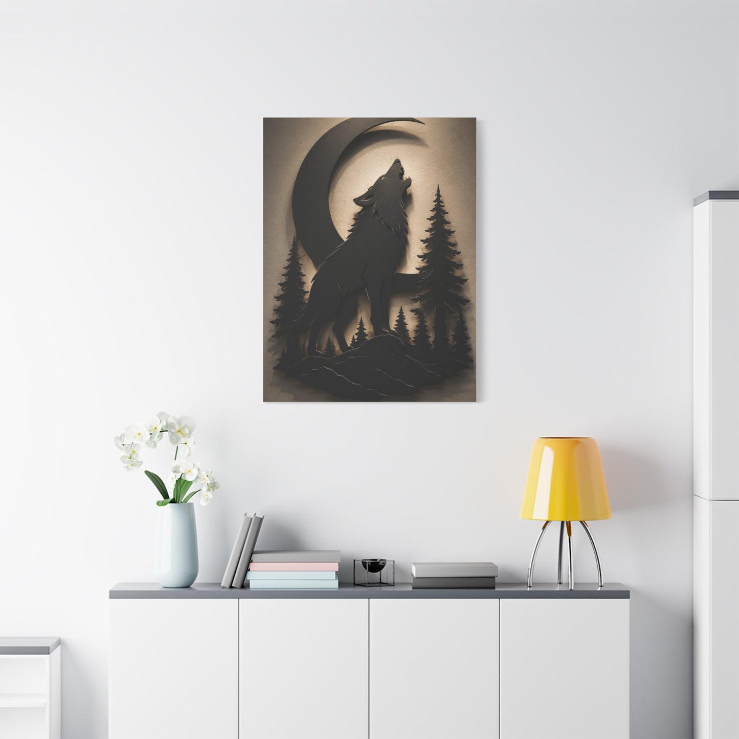 Matte Black Howling Wolf Moon Silhouette Wall Art & Canvas Print