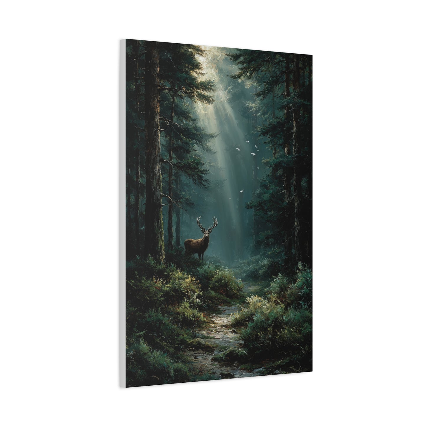 Sunlit Evergreen Forest Stag Wall Art & Canvas Print