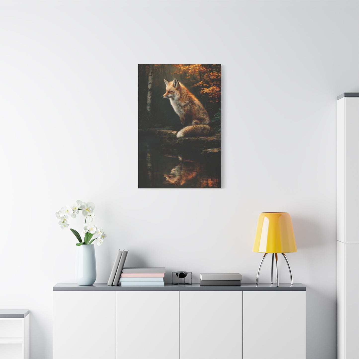 Woodland Stream Fox Reflection Wall Art & Canvas Print