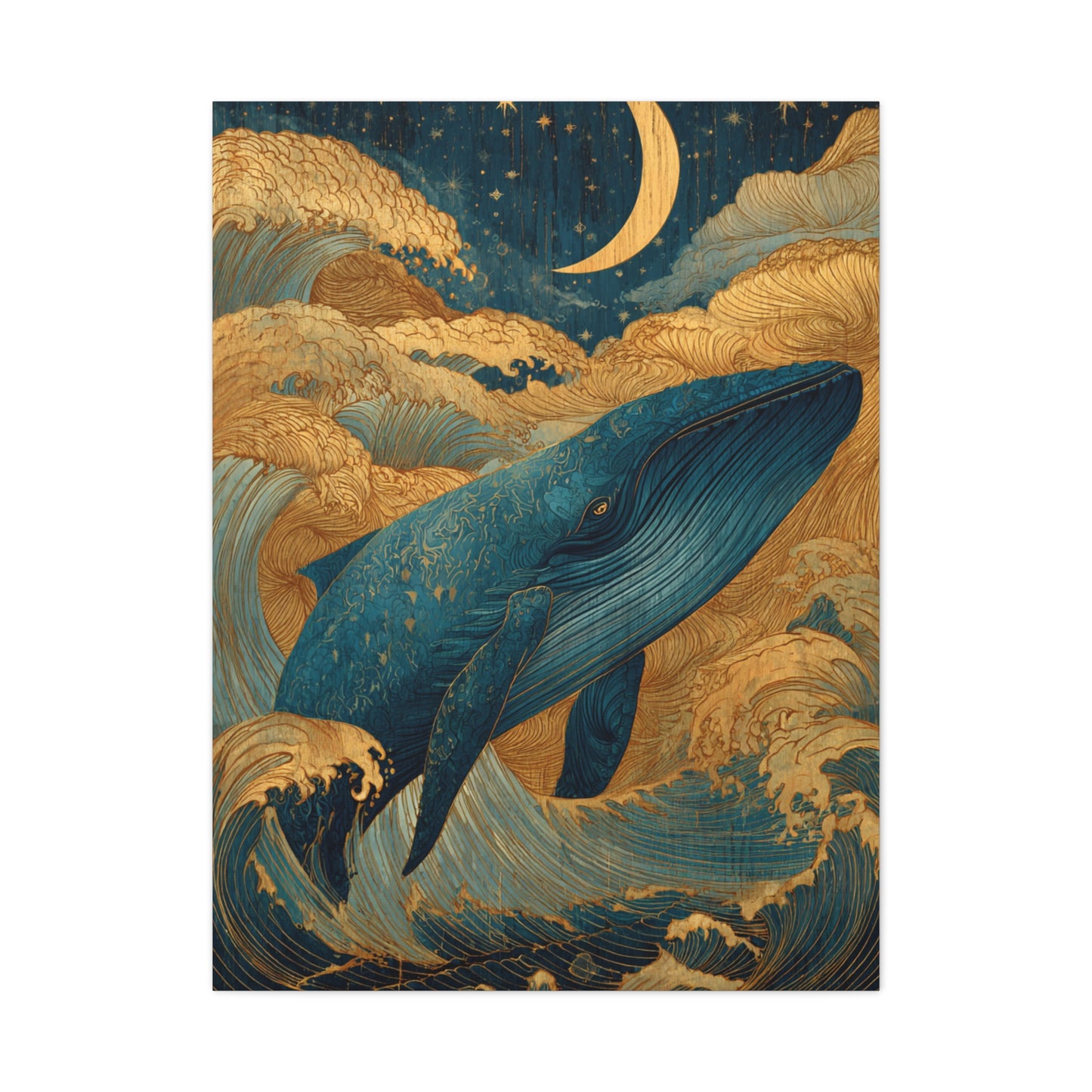 Folk Whale Moonlit Ocean Wall Art & Canvas Print