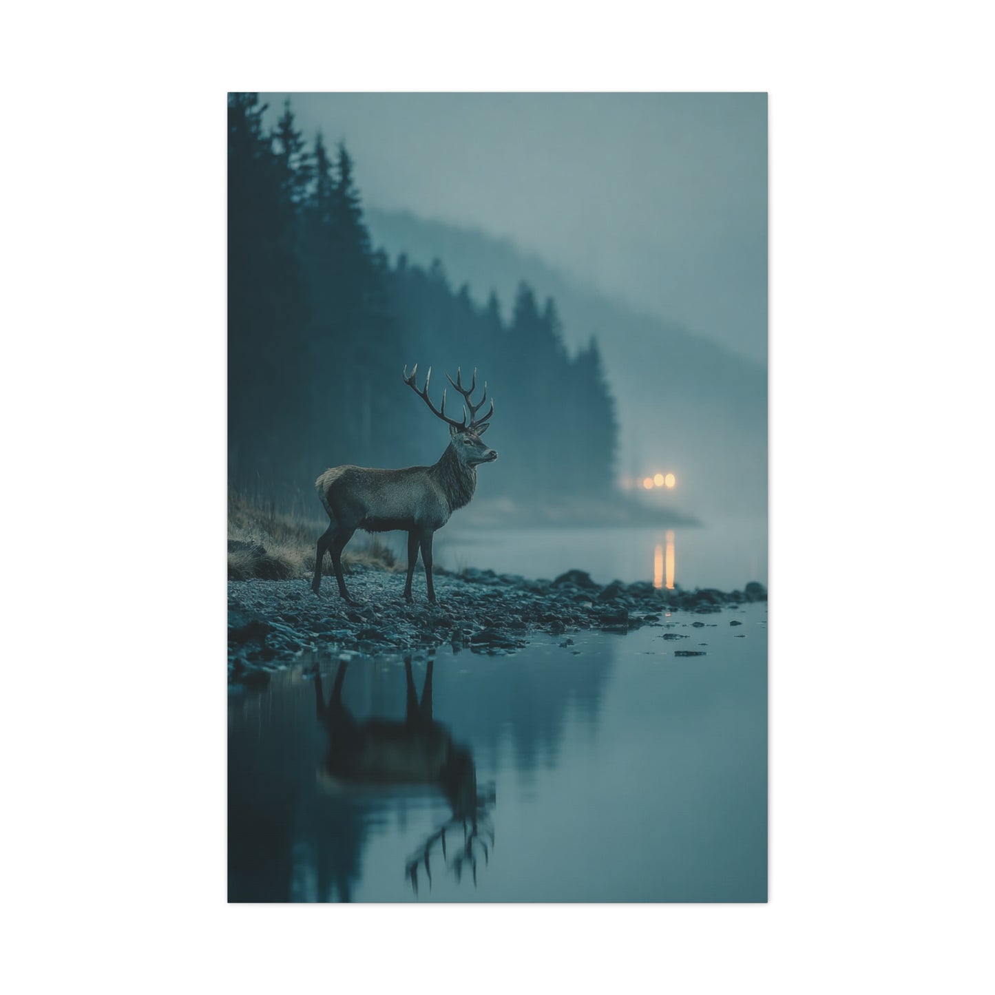 Blue Hour Lakeside Stag Reflection Wall Art & Canvas Print