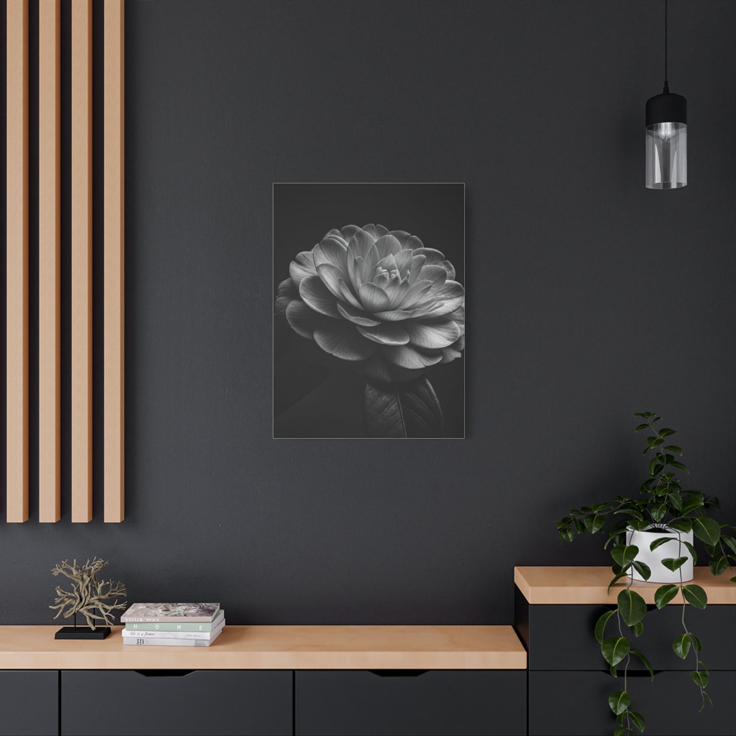 Camellia Bloom in Shadow Monochrome Wall Art & Canvas Prints