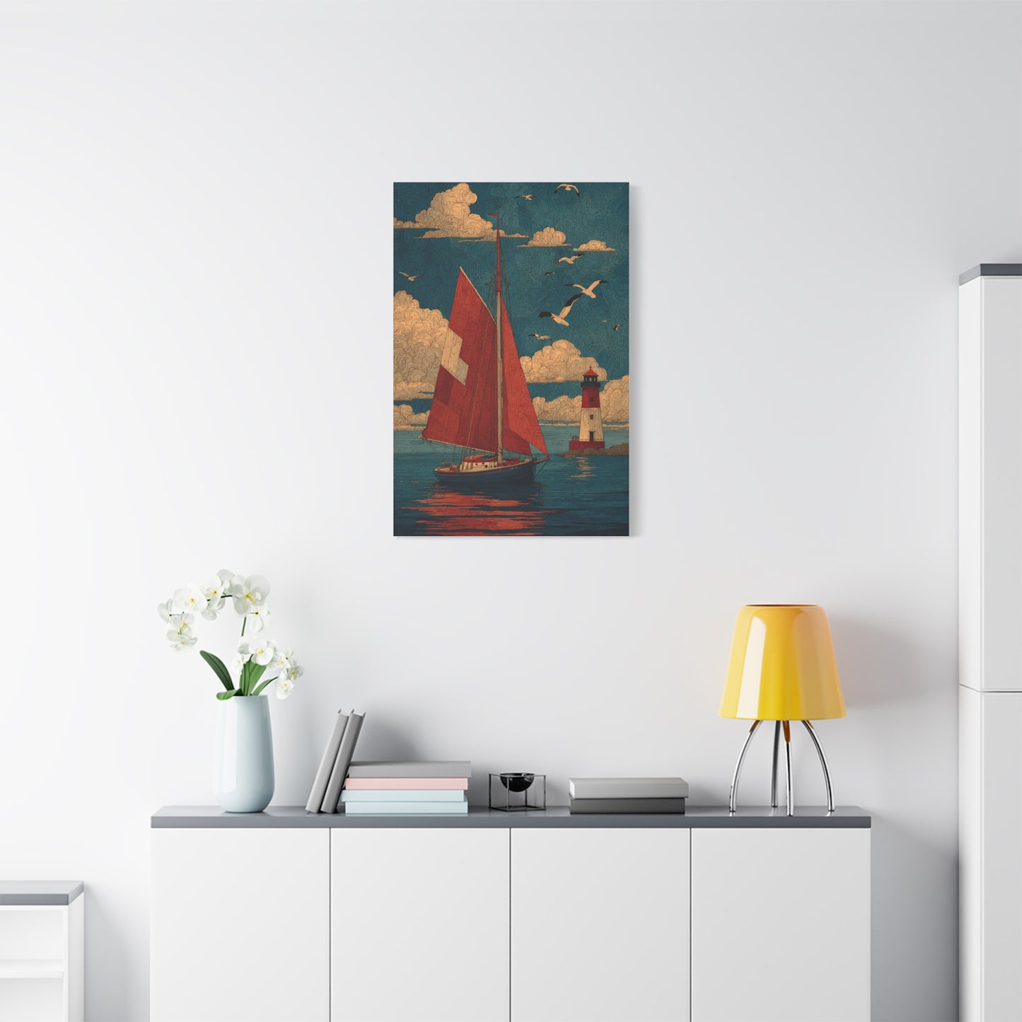 Primitive Coastal Sailboat Folk Wall Art & Canvas Print