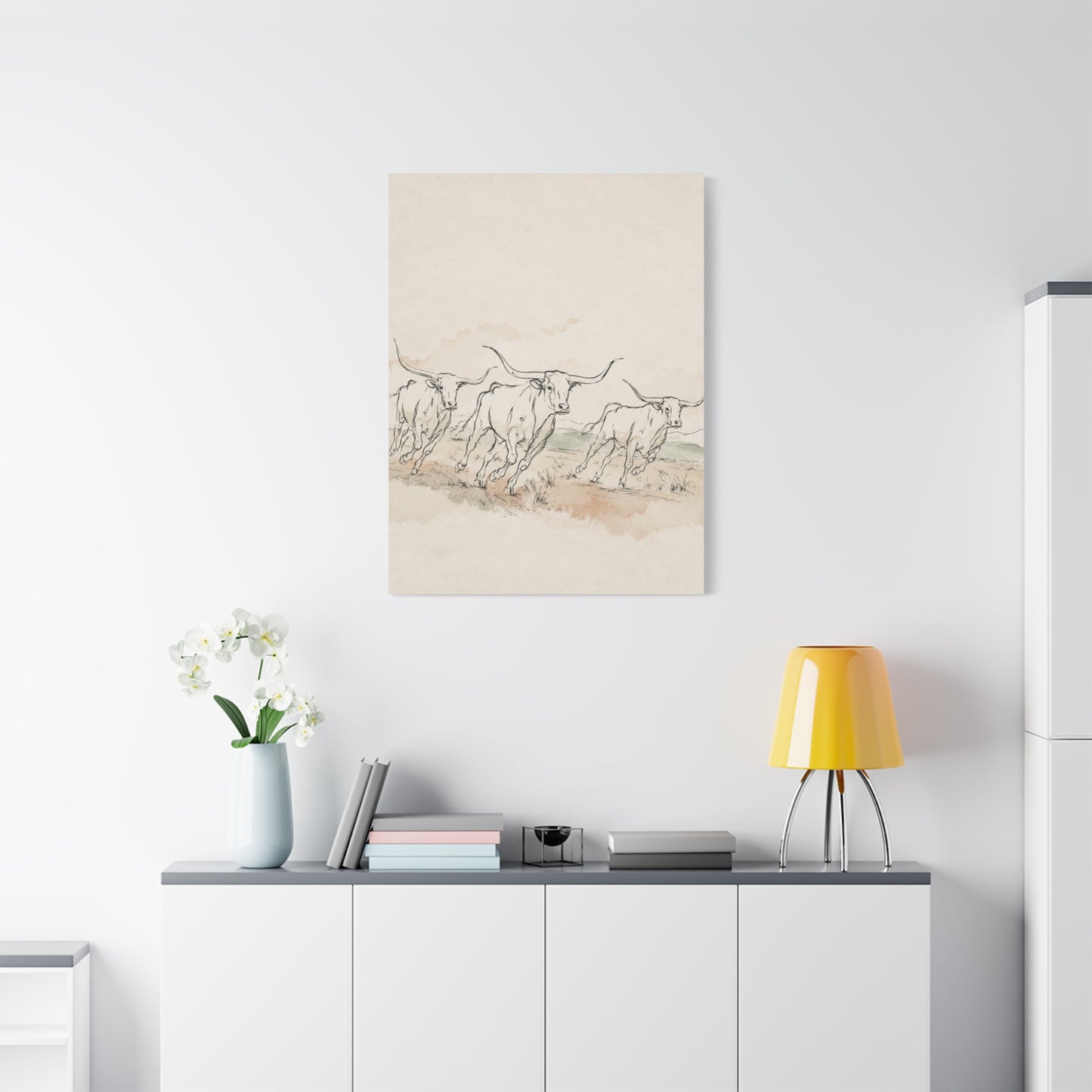 Running Longhorn Line Sketch Panorama Wall Art & Canvas Print