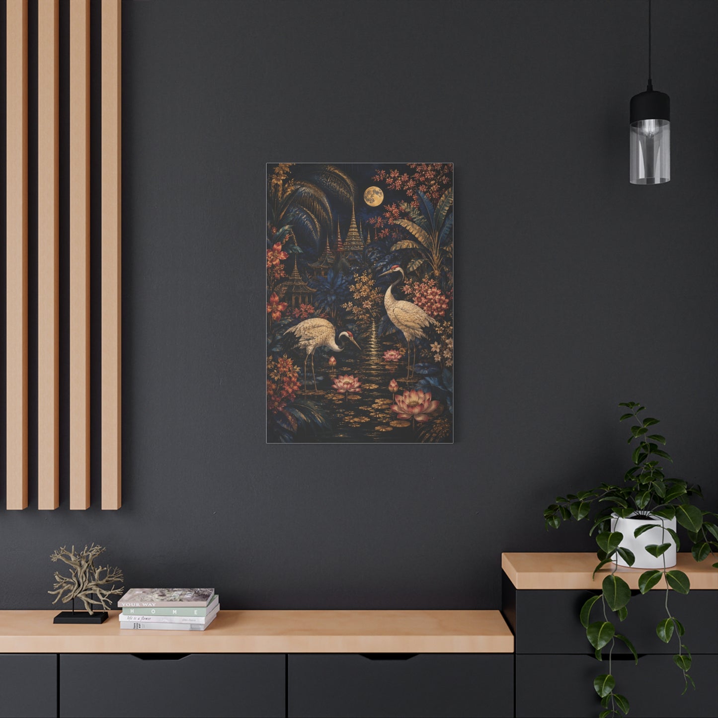 Moonlit Tropical Chinoiserie Crane Garden Tropical Wall Art & Canvas Print
