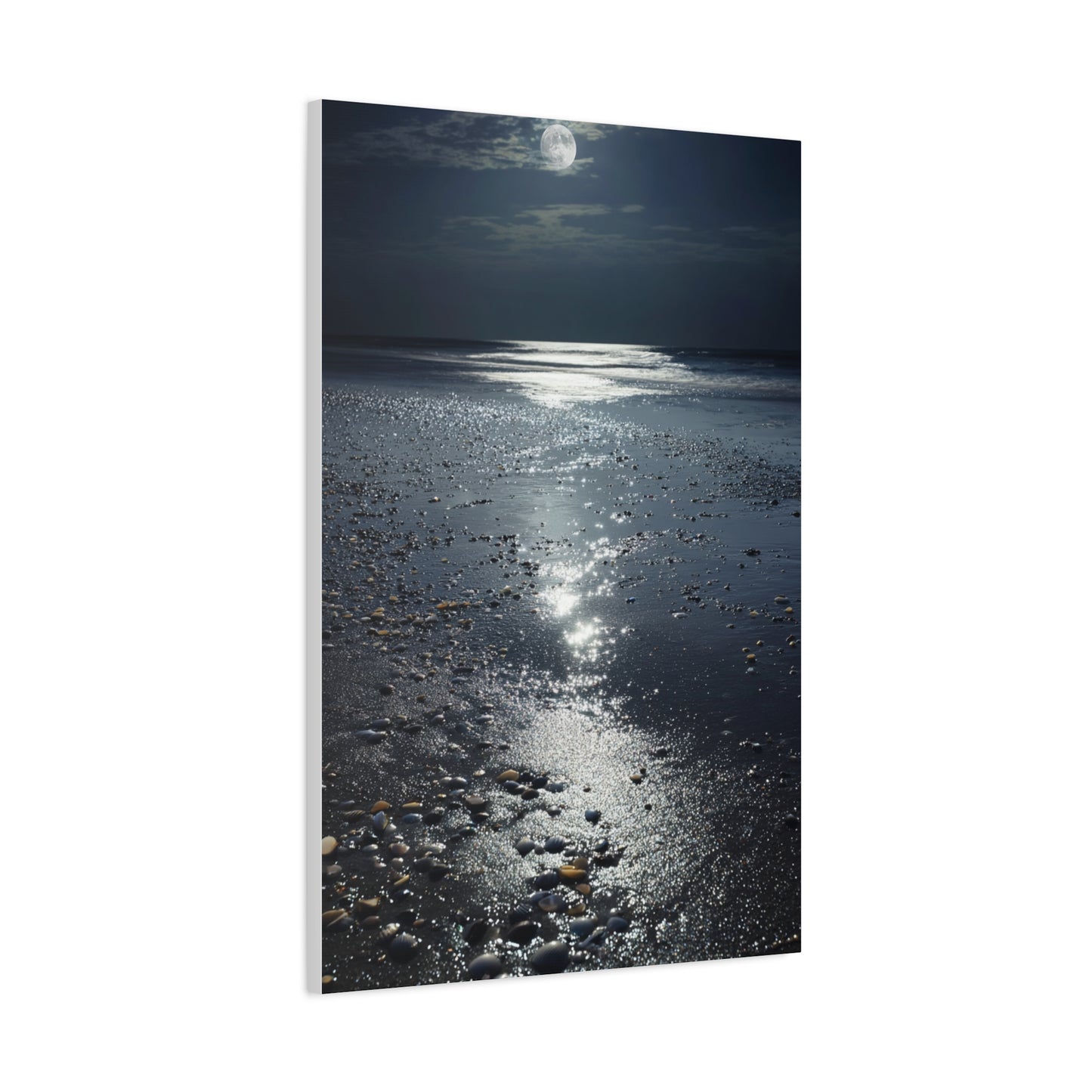 Moonlit Beach Reflections with Scattered Seashells Wall Art & Canvas Print