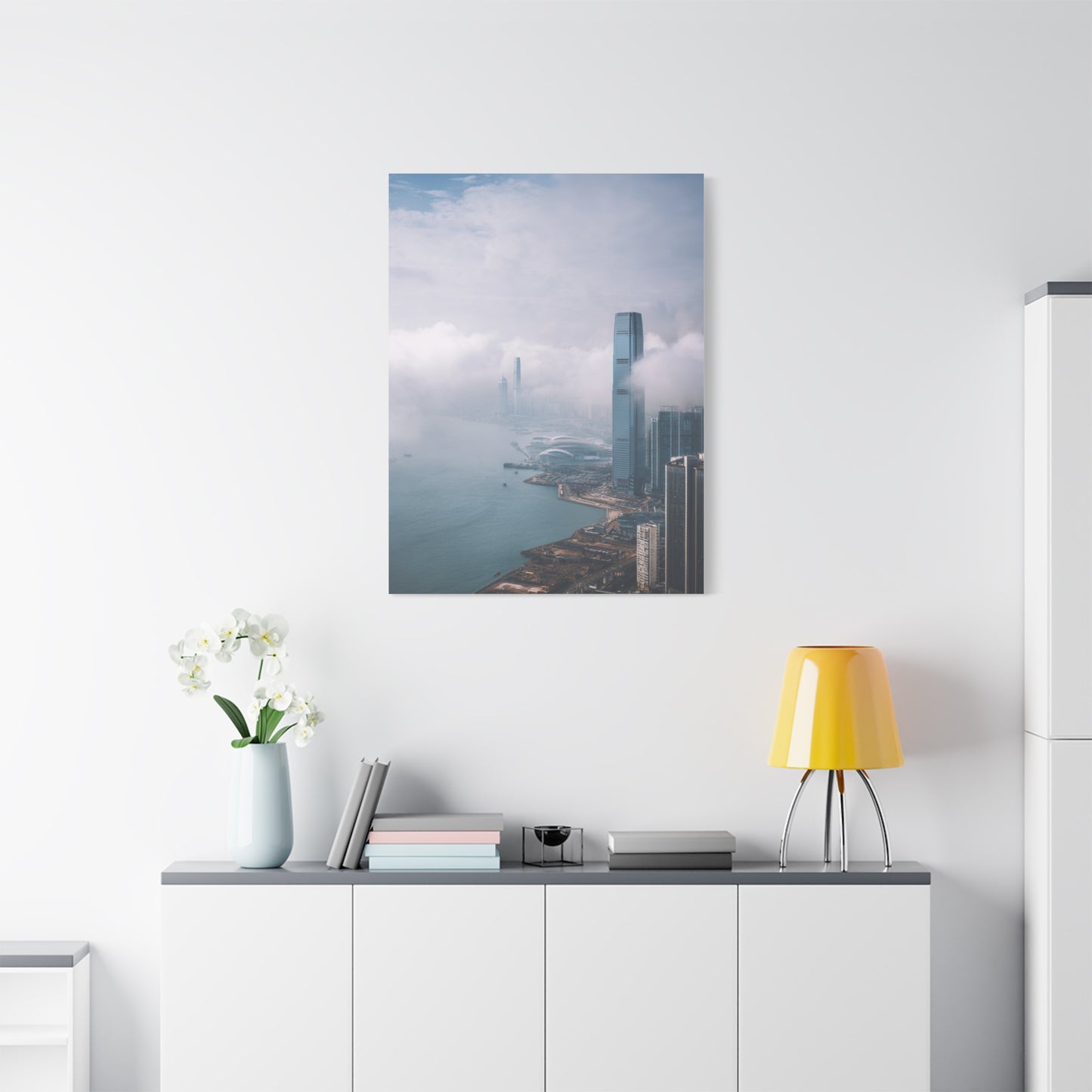 Hong Kong Foggy Harbor Skyline Wall Art & Canvas Print