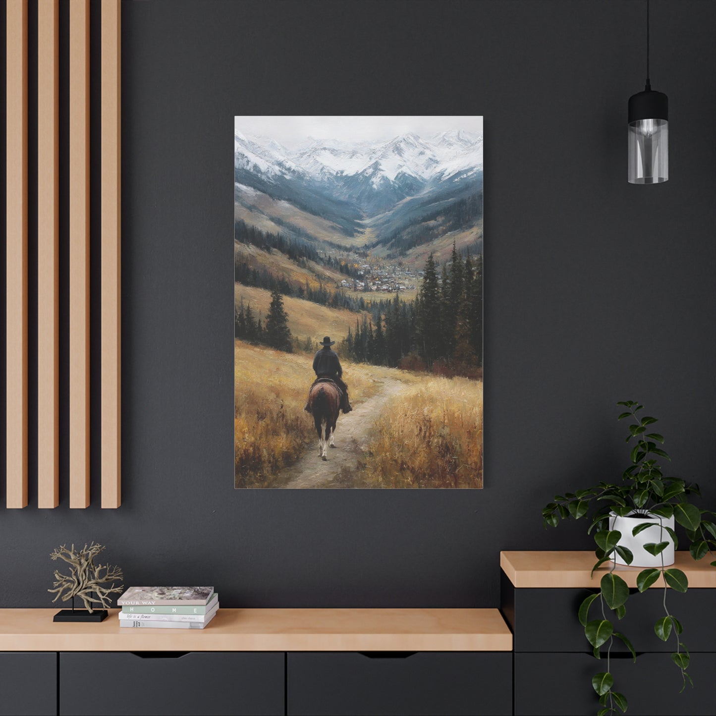 Cowboy Riding Toward a Hidden Mountain Valley Wall Art & Canvas Print