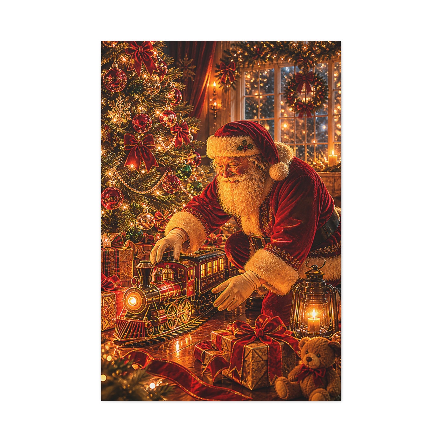 Santa Decorating the Christmas Train Wall Art & Canvas Print